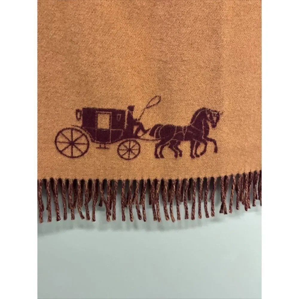 Coach Horse & Carriage Jacquard 100% Wool Scarf/ Wrap Cherry Ginger Made Italy